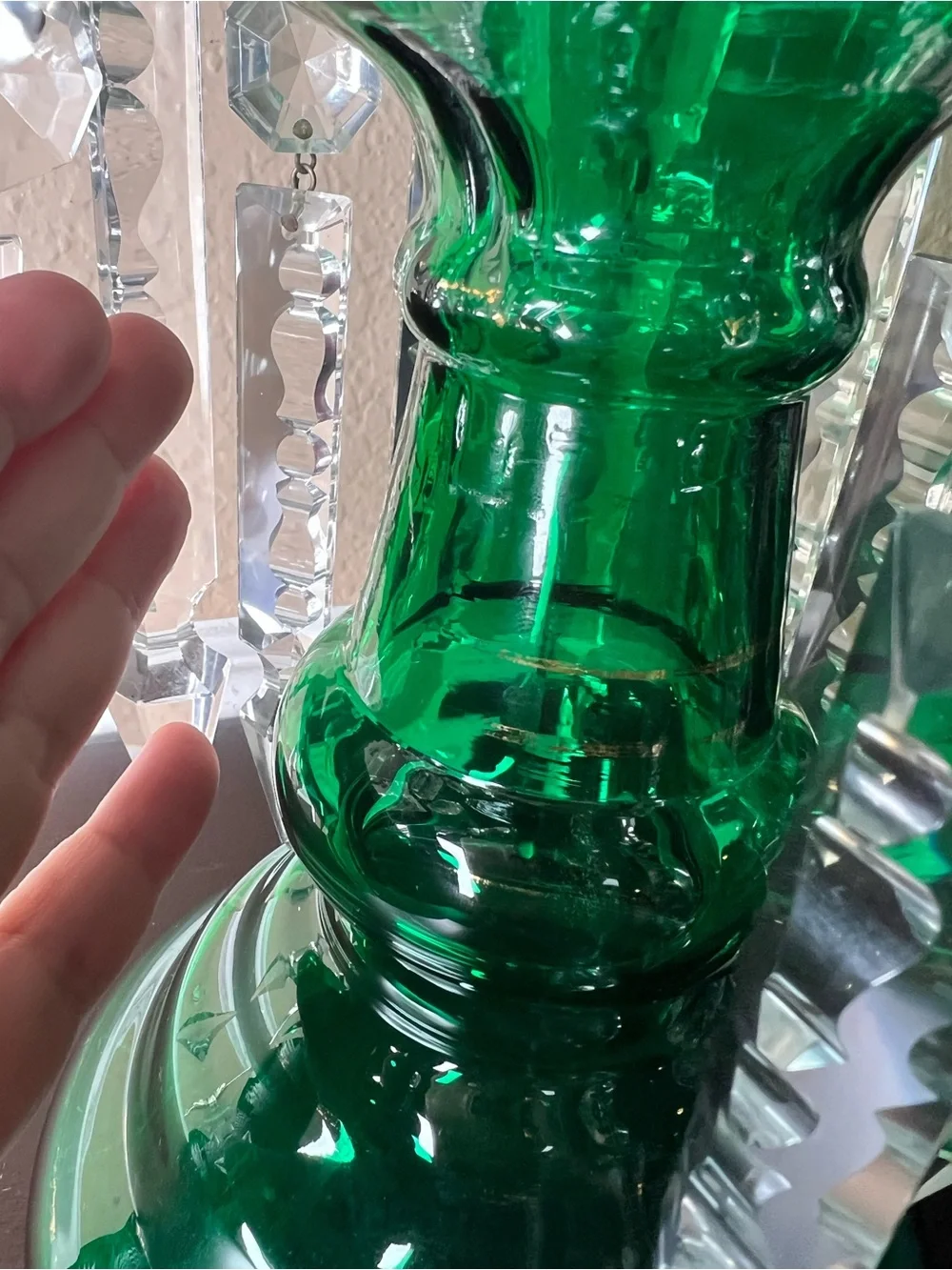 Antique Late 1800s Victorian Bohemian Glass Lustre Form, Emerald Green, Mantle